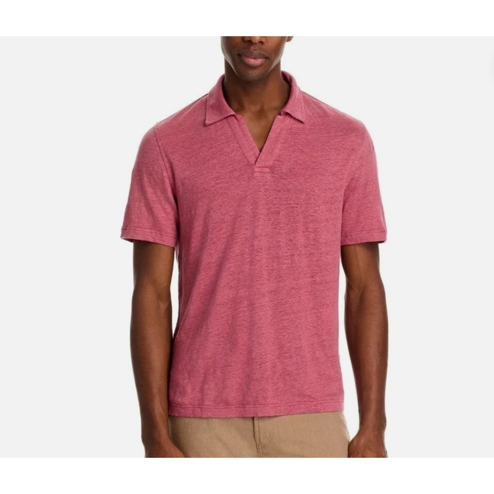 Bloomingdales Mens Polo Shirt XL 100%‎ Linen Red Short Sleeve Johnny Collar Slub